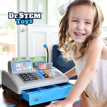 Dr. STEM Toys Talking Toy Cash Register, STEM Learning 69 Piece Pretend Store with 3 Languages, Paging Microphone, Credit Card, Bank Card, Play Money and Banking for Kids (Silver)