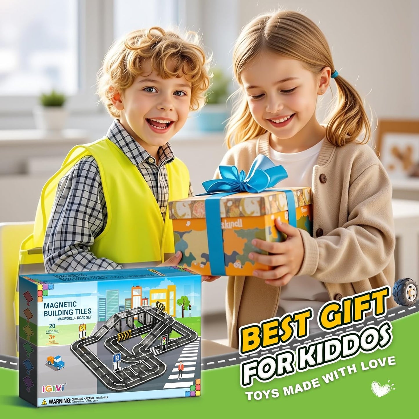 104 PCS Magnetic Tiles Road Set, STEM Construction Toys for Kids Ages 3-5 5-7 4-8, Magnet Building Blocks for Toddler Toys Games, Christmas Birthday Gifts for 3+ Year Old Boys Girls