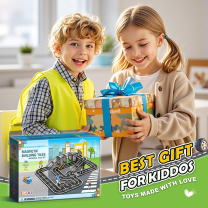 104 PCS Magnetic Tiles Road Set, STEM Construction Toys for Kids Ages 3-5 5-7 4-8, Magnet Building Blocks for Toddler Toys Games, Christmas Birthday Gifts for 3+ Year Old Boys Girls