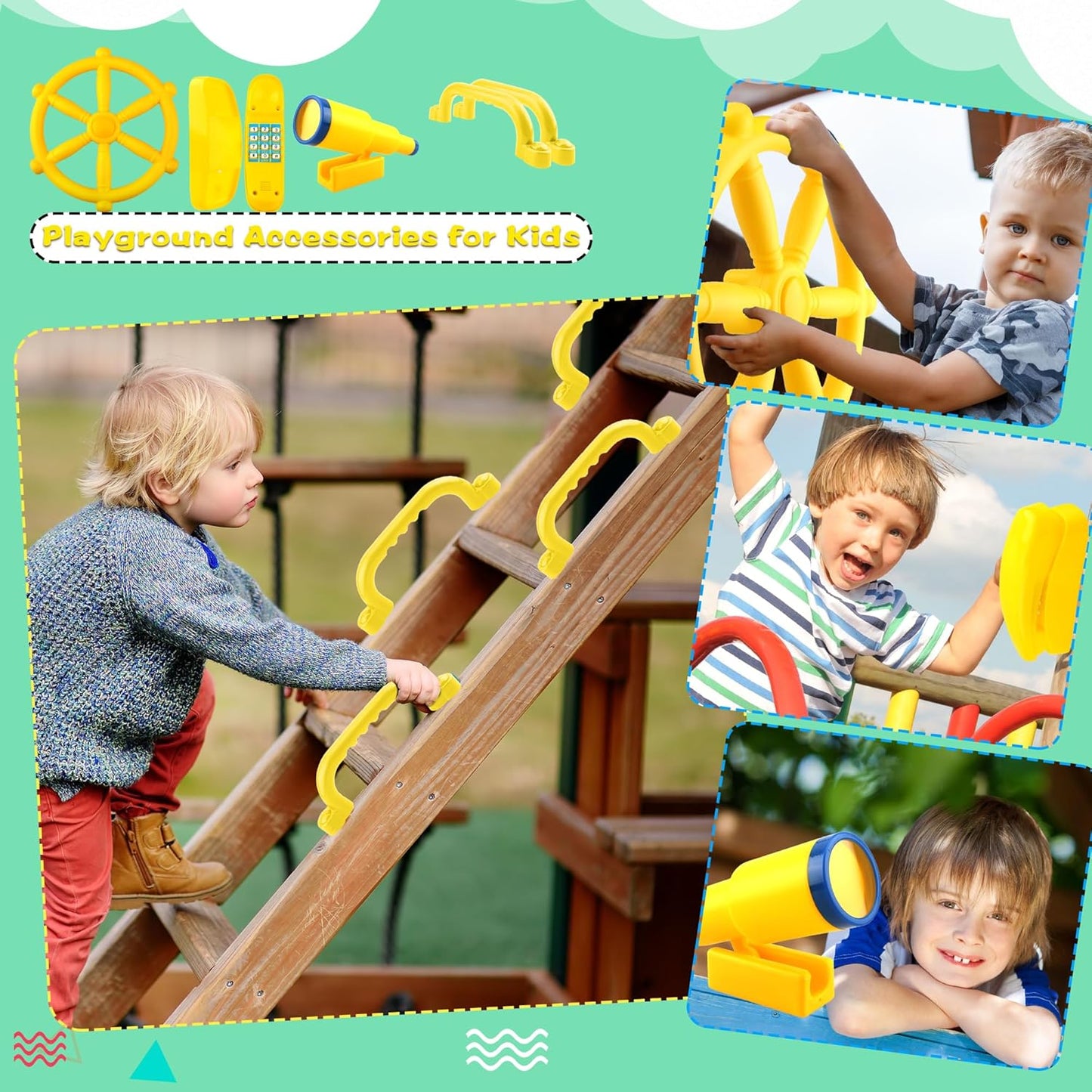 5 Pcs Kids Playground Accessories for Kids Outdoor Plastic Steering Wheel Swingset Phone Pirate Telescope Telephone Safety Handle for Child Backyard Tree House Playhouse Jungle Gym (Yellow Set 1)