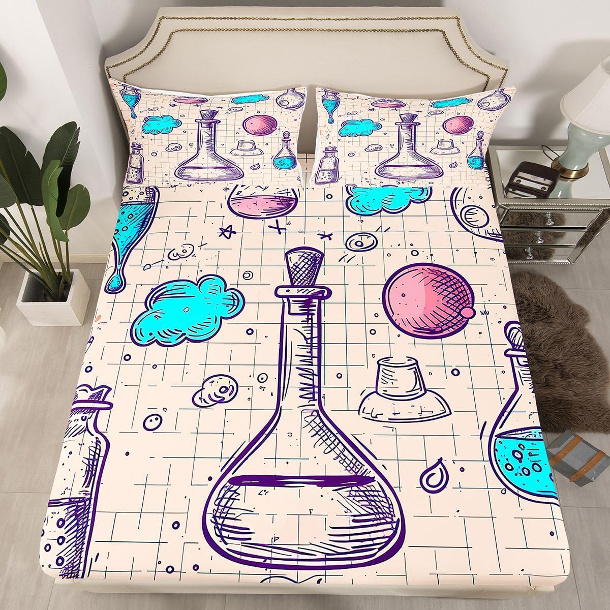 Erosebridal Chemistry Lab Fitted Sheet Twin Size Chemical Equation Bed Sheets for Boys Girls Chemical Elements Science Theme Bed Set Teens Kids Science Students Bedding Set School Dorm Room Decor