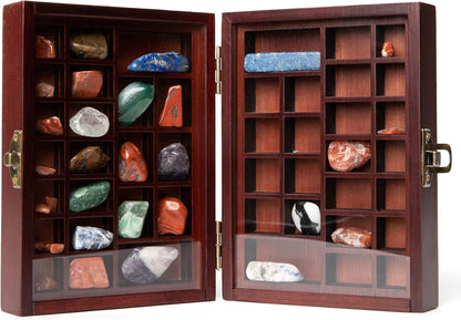 Small Portable Rock Display Case Hand-Sized, 48-Slotted Shadow Box for Gemstones or Beads Bamboo-Wood Collection Case with Plexiglass for Kids