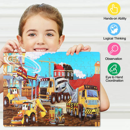 LELEMON 100 Pieces Jigsaw Puzzles in a Metal Box for Kids Age for 4-8 Boys Girls Toy Puzzles Construction Site Vehicles Children Learning Educational Puzzles Toys