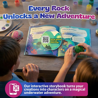 Pinwheel Crafts Glow in the Dark Rock Painting Kit with Interactive AR Storybook – 128pc Arts & Crafts Set for Kids – Augmented Reality Educational Toy for Boys & Girls Ages 6-12