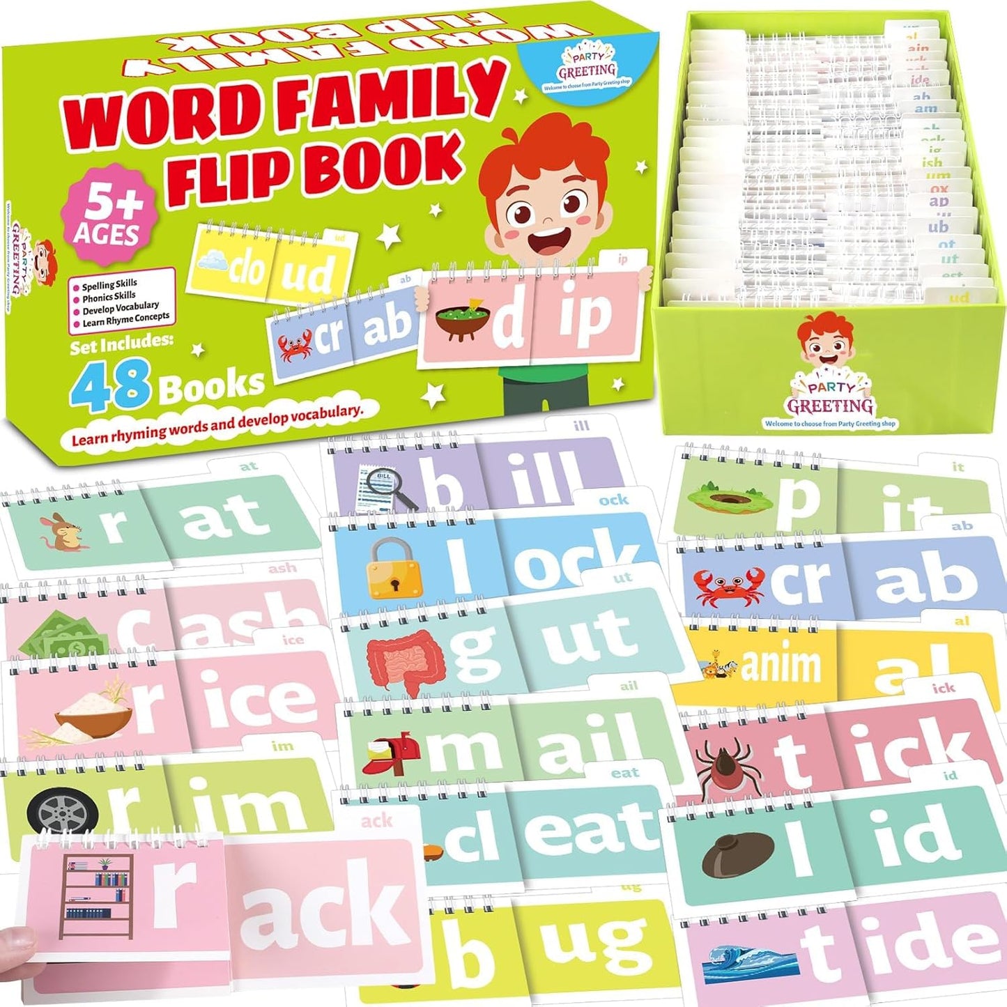 party greeting 48 Word Family Build Book Read and Rhyme Flip Activity Book ABC Vocabulary Flash Cards Kindergarten Sight Word Learning Activities Learn to Read Games for Kids Homeschool Supplies