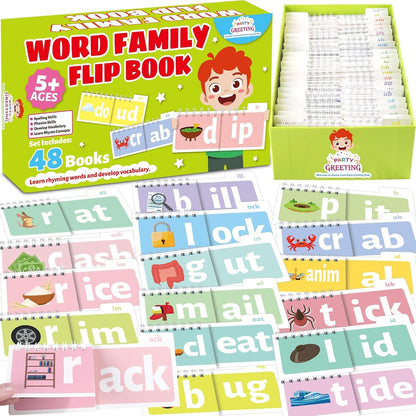 party greeting 48 Word Family Build Book Read and Rhyme Flip Activity Book ABC Vocabulary Flash Cards Kindergarten Sight Word Learning Activities Learn to Read Games for Kids Homeschool Supplies