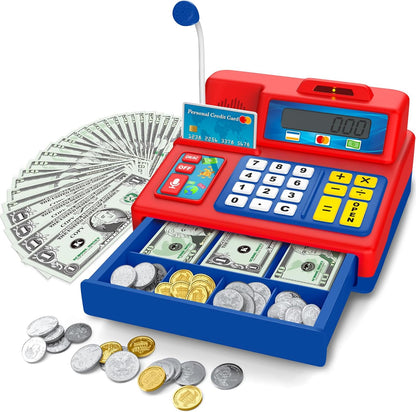 Calculator Cash Register Toy Gift for Kids Age 3, 4, 5, 6, 7, 8+ Year Old, 103 Pcs Pretend Grocery Store Playset with Toy Cash, Microphone, Credit Card, Play Cash Register for Toddlers 4-8, Silvery