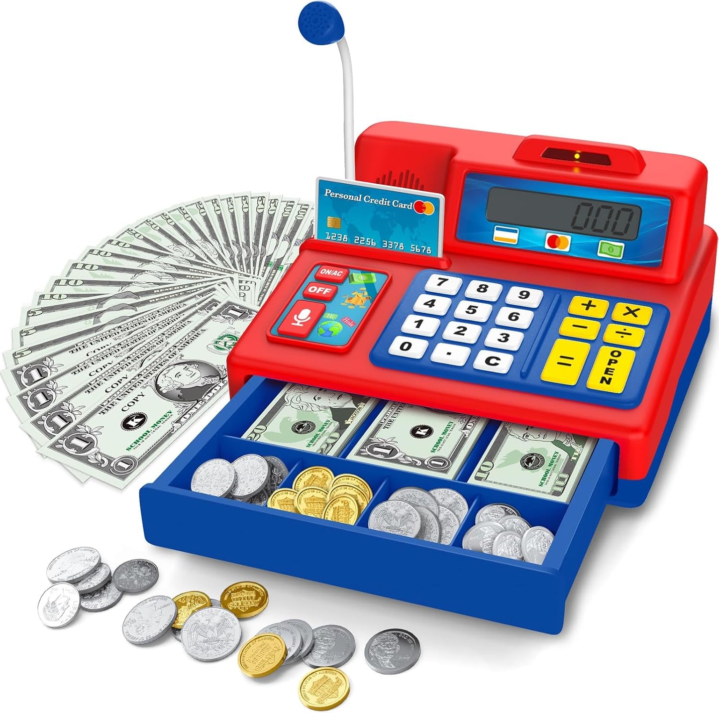BAODLON Calculator Cash Register - 103 Pcs Pink Toy Cash Register, Microphone, Credit Card and Banking for Kids, Early Math Skills Toys Gifts for 3, 4, 5, 6 7 8+ Years Old Boys Girls