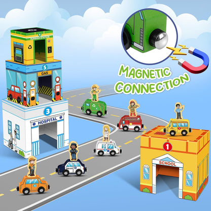 Aizweb Toddler Sorting&Stacking Toys with Magnetic Wooden Vehicle,Cars&Community Helpers,STEM Building Blocks,Educational Learning Montessori Gifts for 1 2 3 Year Old Boys Girls Preschool Kindergarten