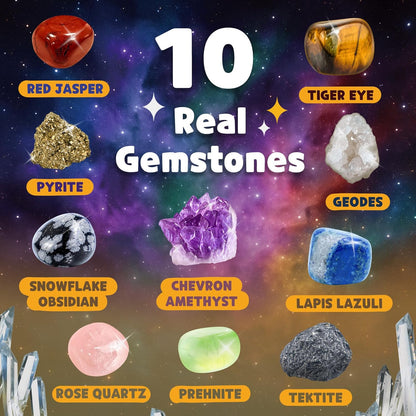 Gemstone Dig Kit for Kids with 2 Tools, Excavate 10 Real Gems, STEM Science Mining Toy, Educational Gift for Boys and Girls Ages 8-12