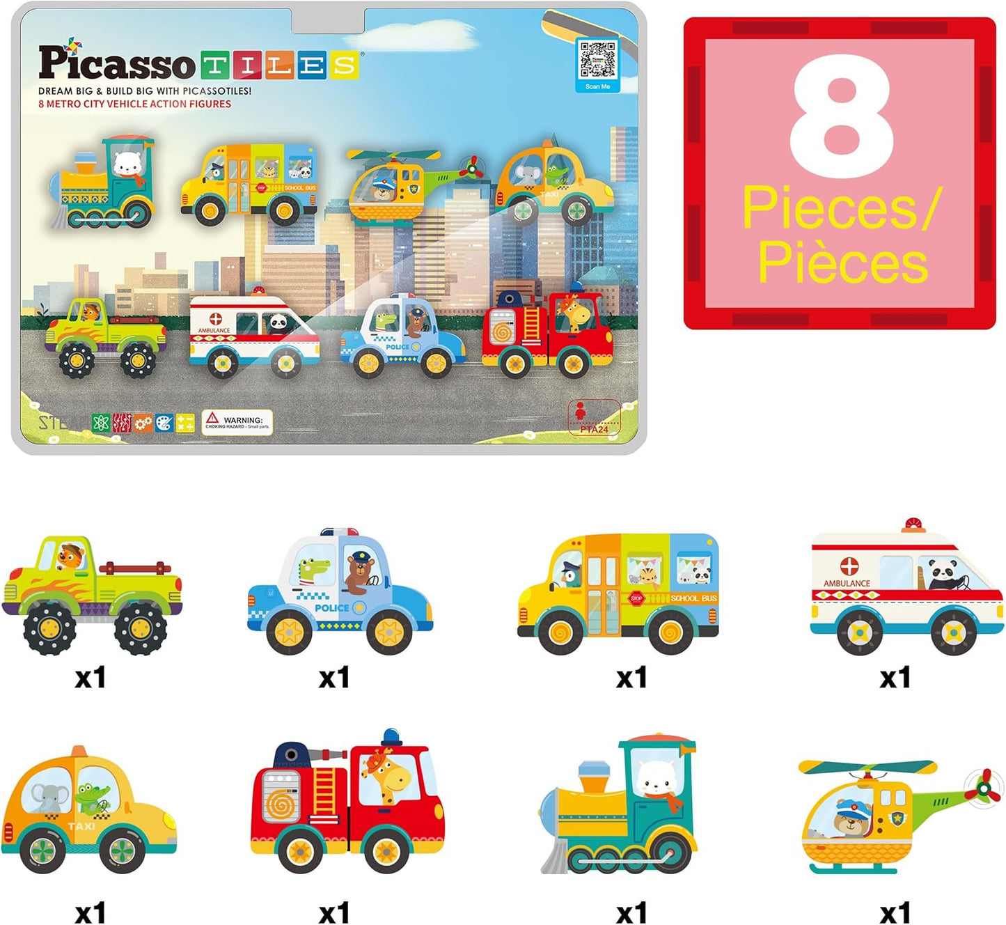 PicassoTiles Magnetic Tile Building Blocks Add On 8 Magnetized Action Figures Construction Vehicles & Zoo Animal Theme Compatible with Magnet Tiles Sets STEM Learning Toy for Boys & Girls Age 3+ PTA21