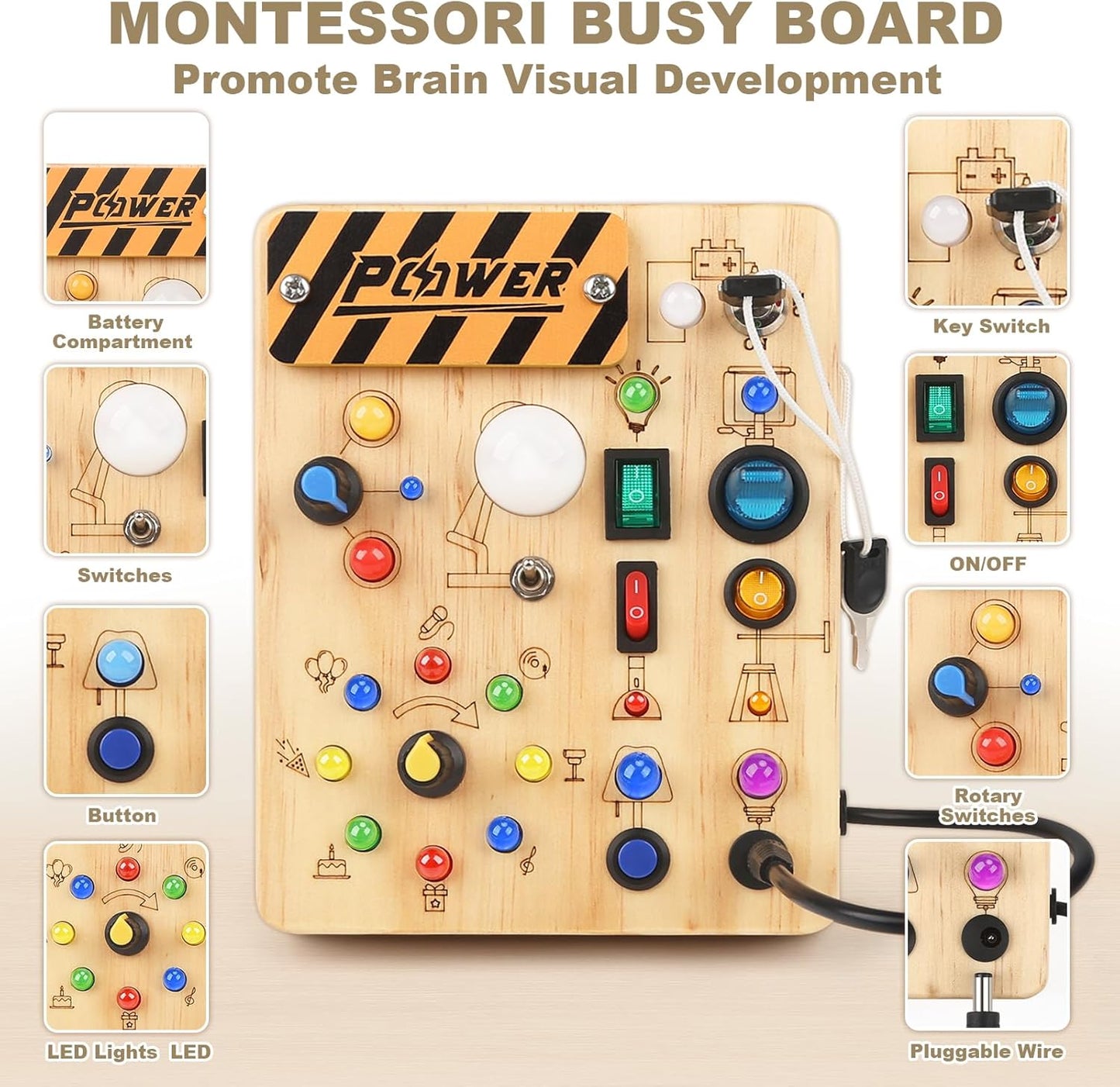 LED Busy Board for Toddlers - Montessori Sensory Toy with 10 Switches & 19 Lights, Wooden Activity Board for Fine Motor Skills, Ideal Educational Birthday Travel Toy Gift for 1 2 3 Year Old Boys Girls