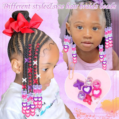 60PCS Pink White Hair Beads for Braids Three Styles Cute Loc Beads Heart Shape Bead for Kids Dreadlock AB Color Round Pony Bead Accessories
