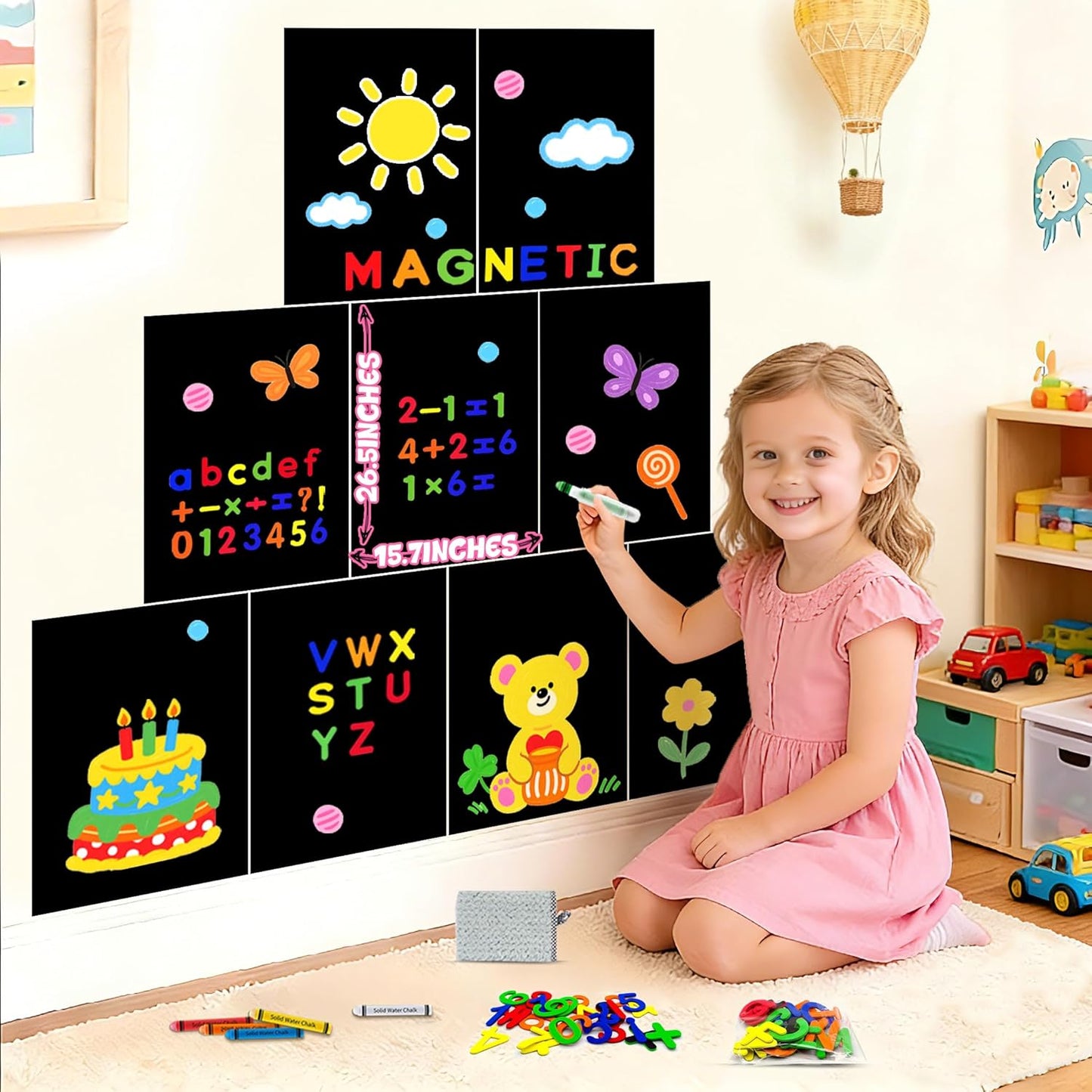8 PCS Magnetic Wall Decals for Kids Magnetic Chalkboard Peel and Stick Magnet Sheets Board Sticker Tangram Puzzle Self Adhesive Contact Paper Dry Erase Blackboard for Playroom Homeschool 15.7"x10.4"