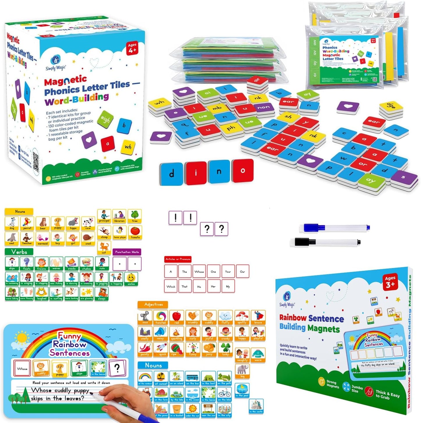 Simply Magic 910 PCS Magnetic Phonics Tiles Set & 110 PCS Sentence Building Kit for Kids