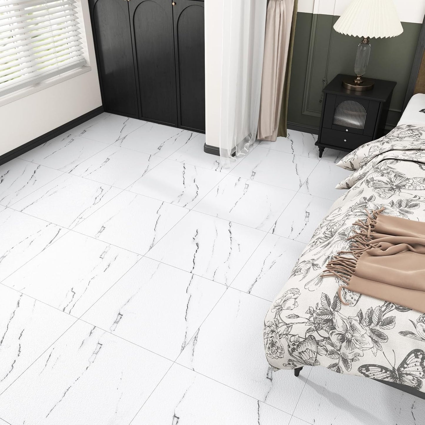 Wallercity White Marble Peel and Stick Vinyl Floor Tiles 6-Pack 12x12 Inches Self Adhesive Waterproof Flooring Planks for Bathroom Kitchen Bedrooms Stick on Floor Tiles Laminate Sheets Vinyl Flooring