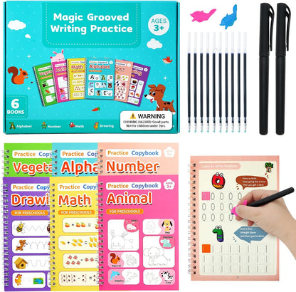 Elover Magic Grooved Writing Practice for Kids,Reusable Grooved Handwriting Workbooks Ages 3-8 for Preschool Grooved Handwriting Practice (6 Books)