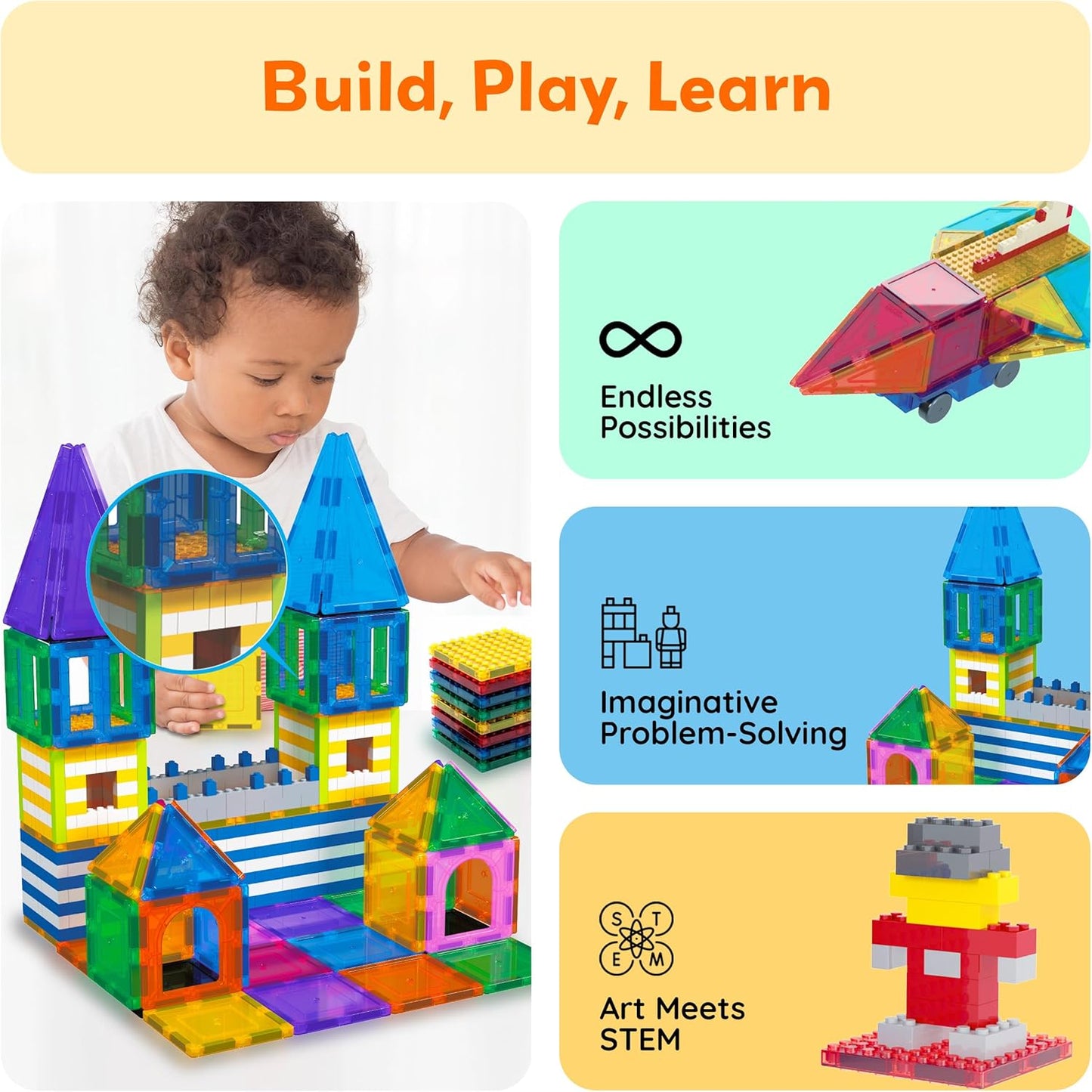 PicassoTiles 333pcs Magnetic Brick Tile and Magnetic Tile Combo Set, Action Figures included, Building Blocks STEM Toys, Educational Montessori Preschool Toddler classroom learning toys, Kids activity