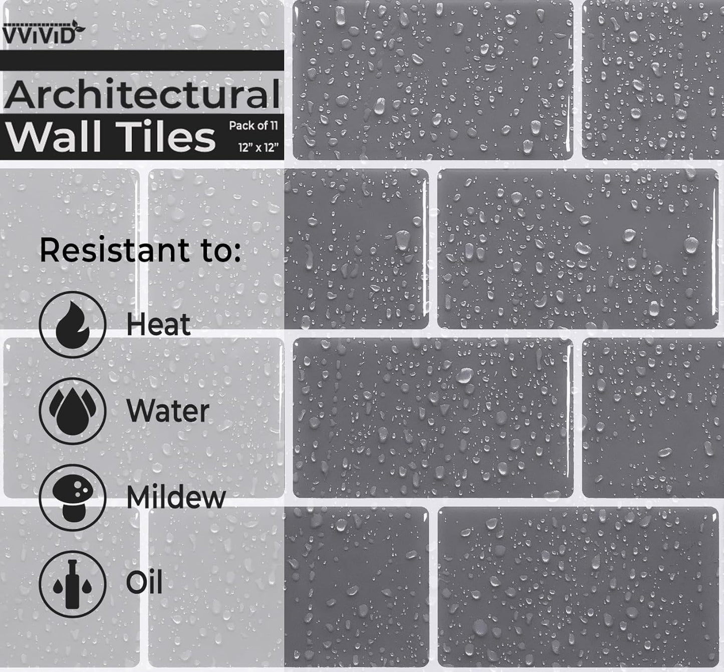 VViViD 11 Sheets Peel and Stick Grey Gloss Faux Ceramic Brick Wall Tiles, Self Adhesive Backsplash 12”x12”, 2mm Thick Kitchen, Bathroom (11 sq. ft.)