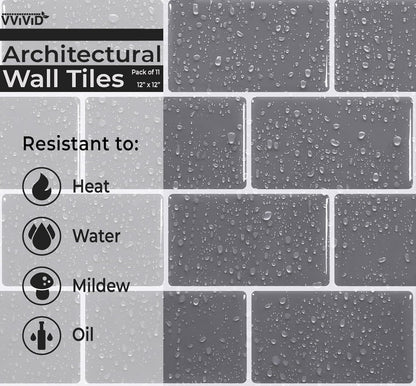 VViViD 11 Sheets Peel and Stick Grey Gloss Faux Ceramic Brick Wall Tiles, Self Adhesive Backsplash 12”x12”, 2mm Thick Kitchen, Bathroom (11 sq. ft.)