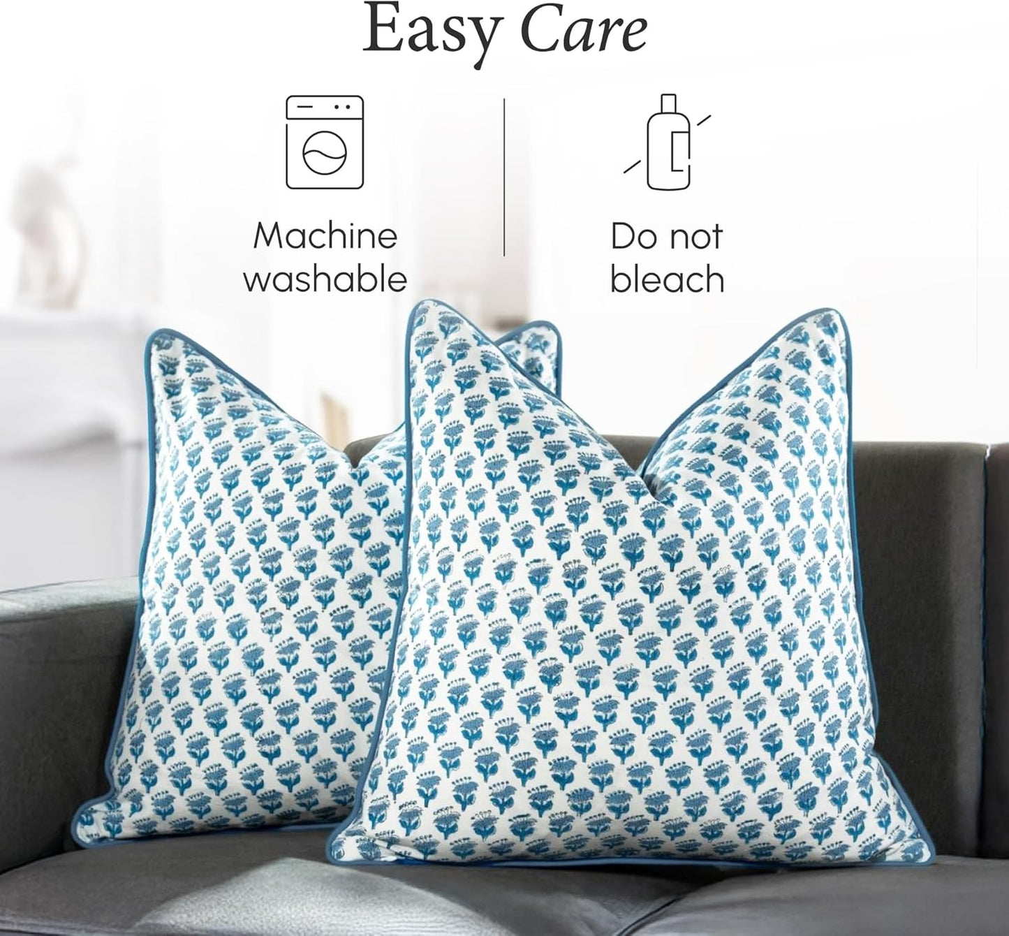 CPC 100% Cotton Throw Pillow Covers 18x18 Inch, Set of 2 Green Block Print Pattern Couch Pillow, Cute Boho Decorative Pillows for Living Room, Bedroom with Hidden Zipper- Agate Green