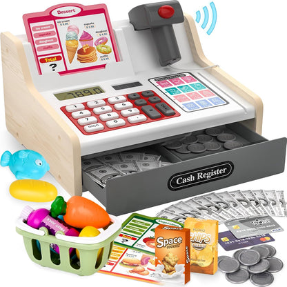 Kids Cash Register Toy Playset, Toddler Prentend Play Store with Real Calculator Cash Register with Scanner/Credit Card/Play Money/Food, Learning Toys for Boys Girls Toddlers(Pink)