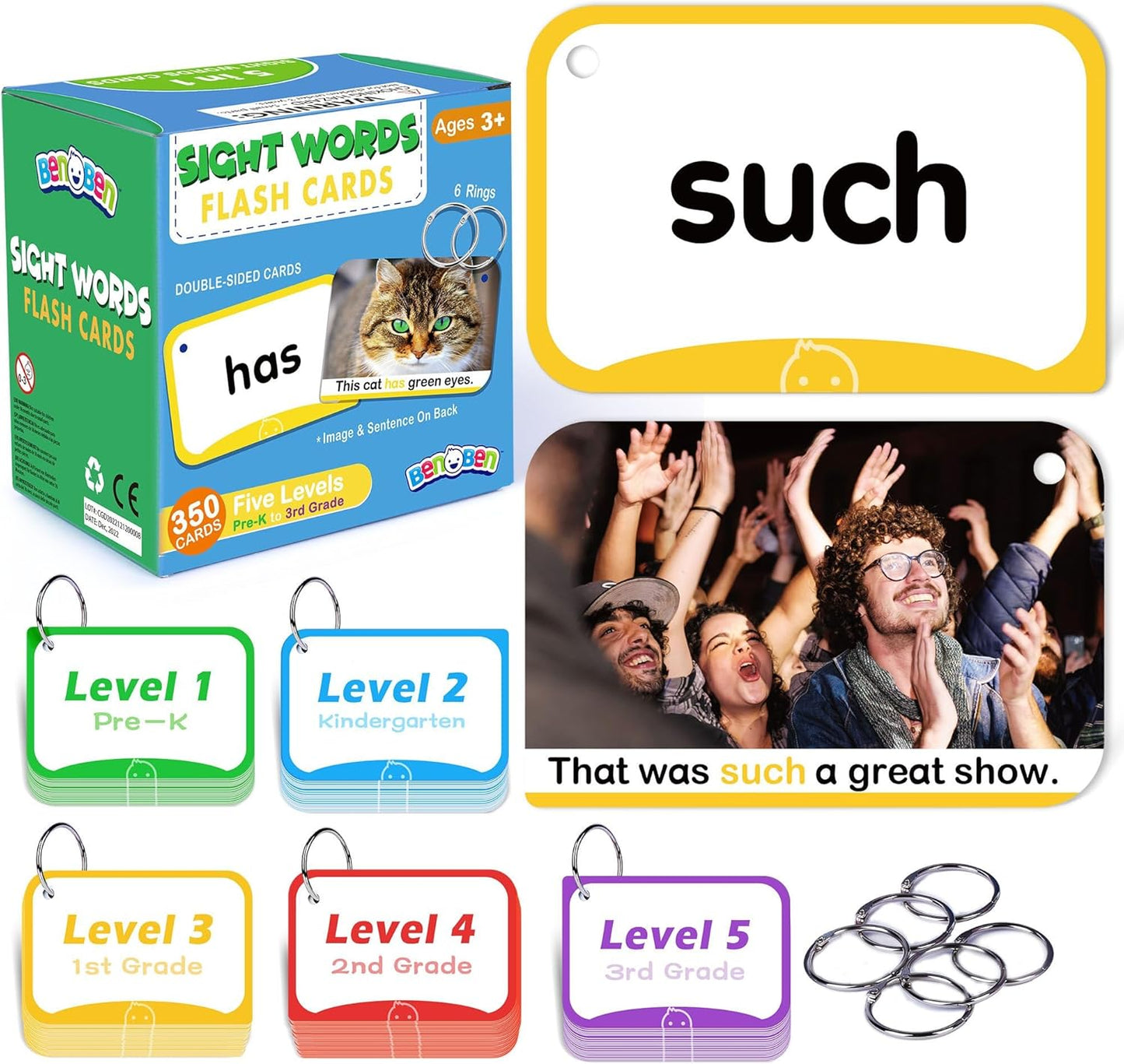BenBen Sight Words & Phonics Flash Cards, 500 Sight Words & 24 Phonics, 800+ Words, Learn to Read Dolch & Fry High Frequency Site Words for Pre-k Kindergarten 1st 2nd 3rd Grade Kids Ages 3-9