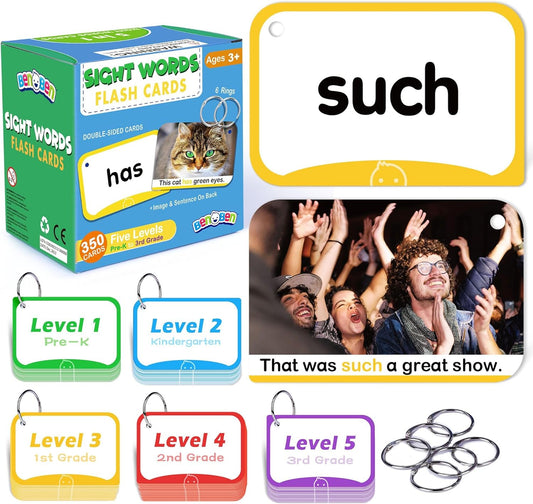 BenBen Sight Words & Phonics Flash Cards, 500 Sight Words & 24 Phonics, 800+ Words, Learn to Read Dolch & Fry High Frequency Site Words for Pre-k Kindergarten 1st 2nd 3rd Grade Kids Ages 3-9