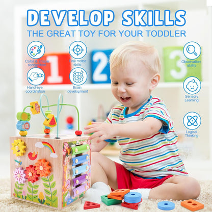 Wooden Activity Cube | Montessori Toys for 1 2 3 Year Old Toddlers | One Year Old 1st First Birthday Gift | Educational Toys for 12+ Months Baby Boys Girls | Bonus Sorting & Stacking Game (Pink)
