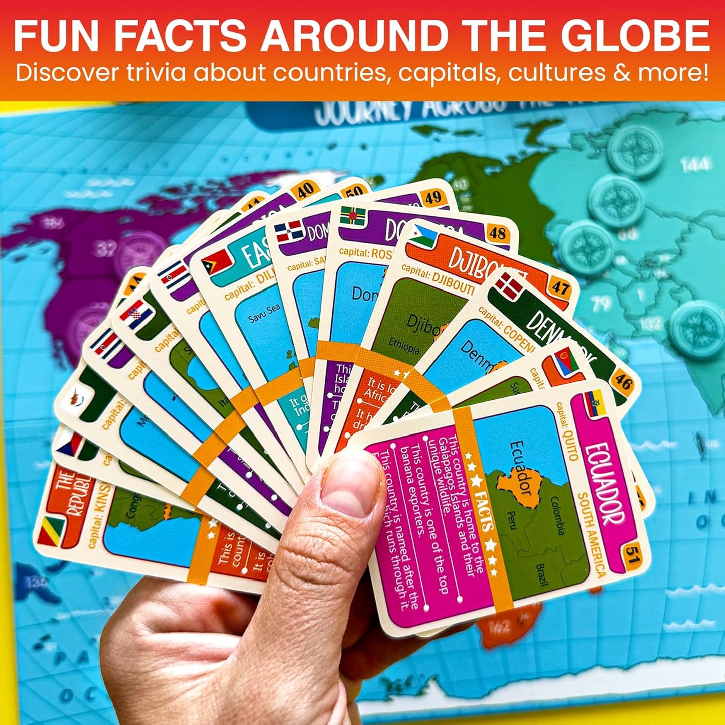 QUOKKA Board Games for Kids 8-12 - Family Games for Kids and Adults - Journey Across the World Card Game Ages 5-9 - Learn Capitals, Flags, Facts, and Map Locations with 195 World Map Cards