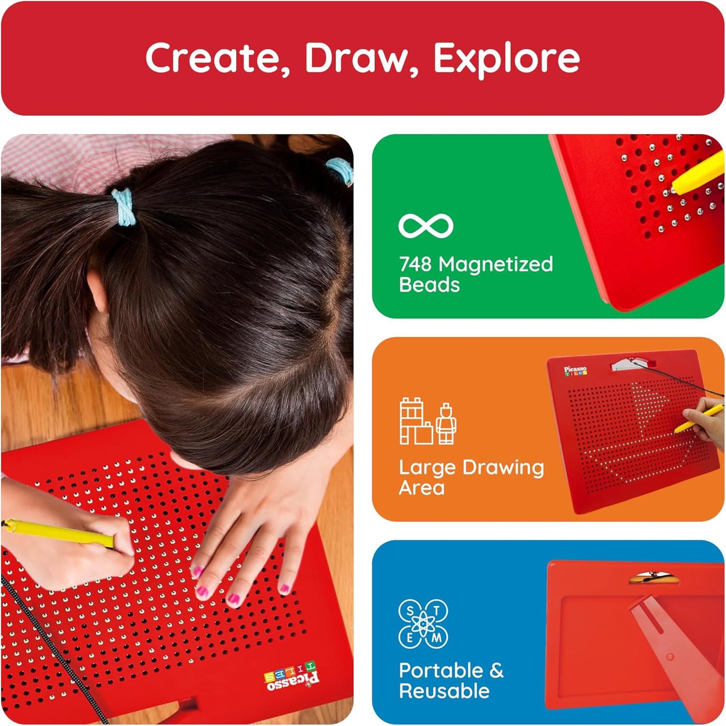 PicassoTiles 2PK 4-in-1 Magnetic Drawing Board 12x10 inch Large Magnet Tablet Pad with 4 Facings Lowercase & Uppercase Alphabets, Numbers, & Freestyle STEM Learning Writing Reading Playboard PTB06