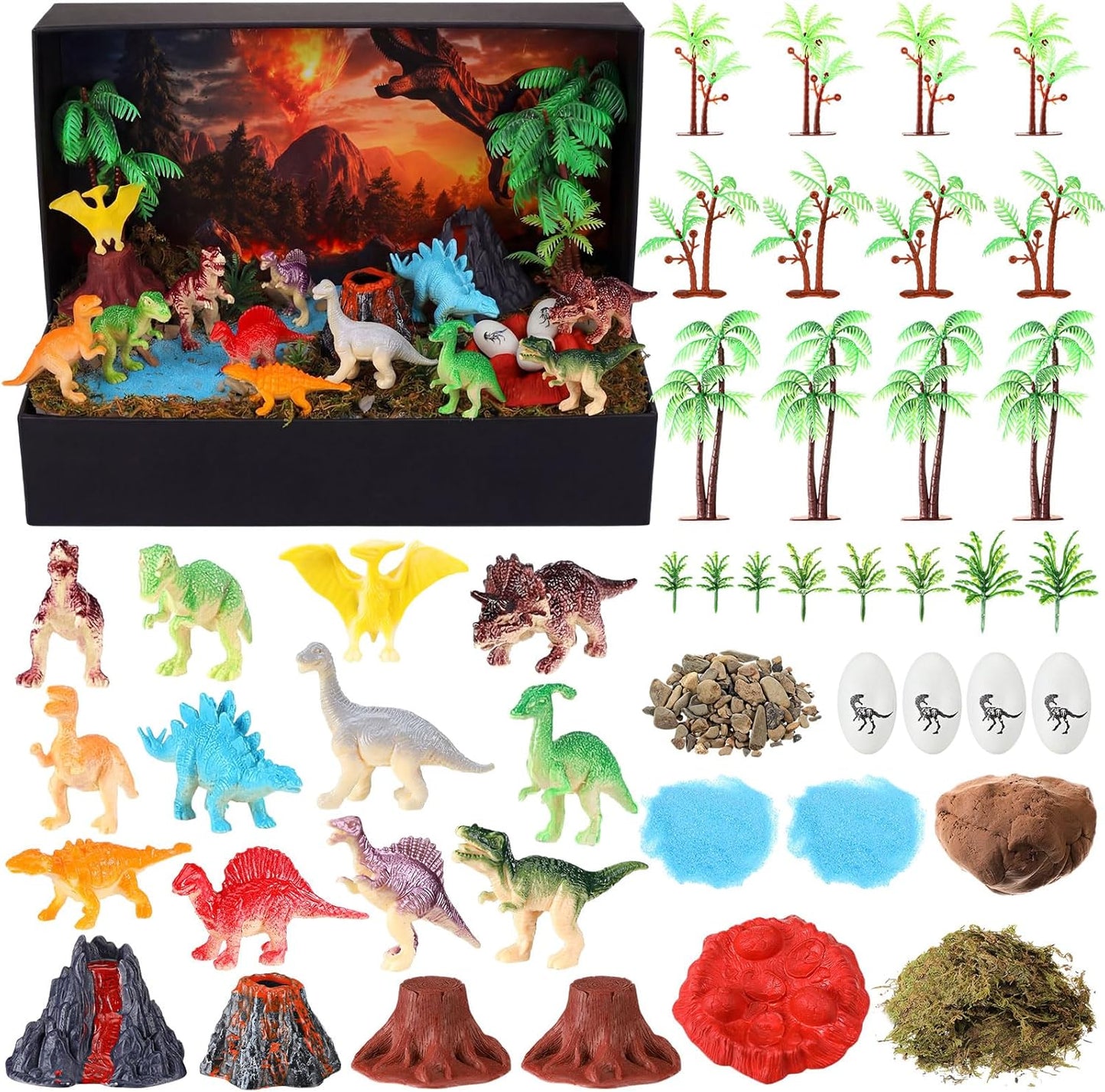 Teyva Daily 48 Pcs Dinosaur Diorama Kit Habitat Project Box Set 3D Dinosaurs Diorama Supplies Include Dinosaurs Model Figures & Eggs Volcano Artificial Trees with Cardboard for DIY Crafts Gifts