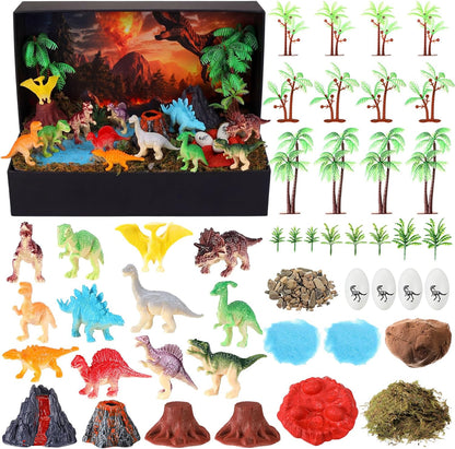 Teyva Daily 48 Pcs Dinosaur Diorama Kit Habitat Project Box Set 3D Dinosaurs Diorama Supplies Include Dinosaurs Model Figures & Eggs Volcano Artificial Trees with Cardboard for DIY Crafts Gifts