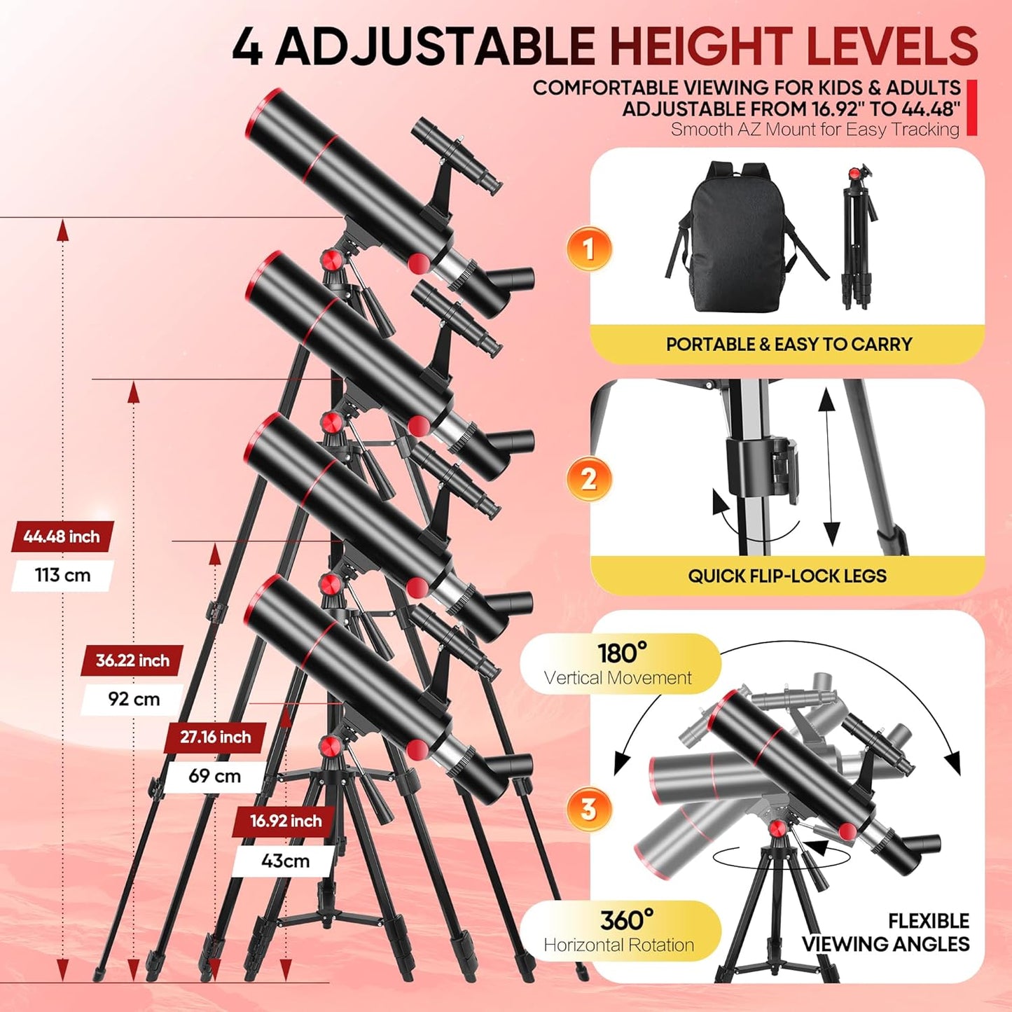 HETEKAN Telescope for Kids & Adults High Powered, 80mm Aperture 500mm Astronomy Telescope for Beginners (20X-150X), Portable Refractor Telescope with Tripod, Phone Adapter, Backpack & Stickers (Black)