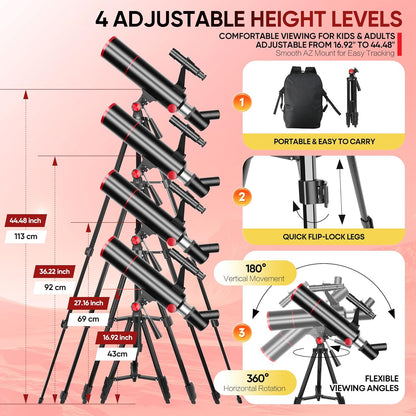 HETEKAN Telescope for Kids & Adults High Powered, 80mm Aperture 500mm Astronomy Telescope for Beginners (20X-150X), Portable Refractor Telescope with Tripod, Phone Adapter, Backpack & Stickers (Black)
