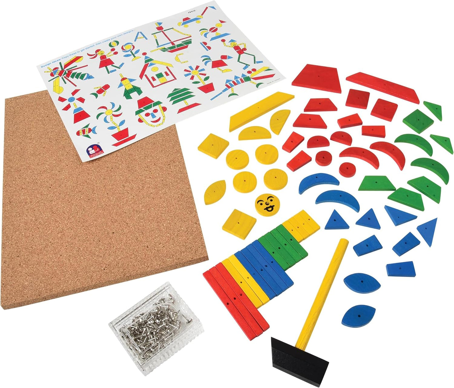 Hammer & Nail Design Kit – Montessori STEM Engineering & Geometry Building Set with 60 Wooden Tiles, Tacks, Hammer & Reusable Cork Board