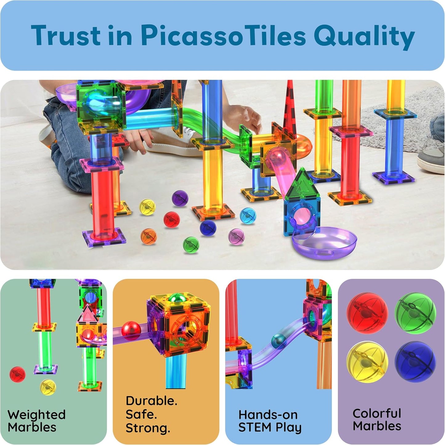 PicassoTiles 50pcs Magnetic Tiles Marble Run for Kids Race Track Toy Marble Maze Sensory Toys for Toddlers STEM Educational Set Magnet Building Blocks Construction Building Tiles Boys Girls 3+ PTG50