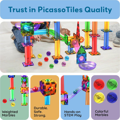 PicassoTiles 50pcs Magnetic Tiles Marble Run for Kids Race Track Toy Marble Maze Sensory Toys for Toddlers STEM Educational Set Magnet Building Blocks Construction Building Tiles Boys Girls 3+ PTG50
