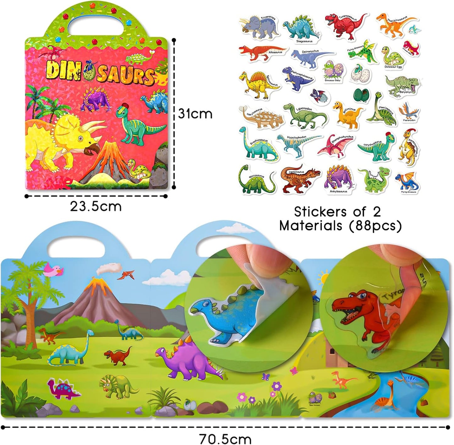 ASTARON Reusable Sticker Book for Toddlers, 88 Pcs Dinosaur Stickers Road Trip Activities Car Airplane Activities Travel Toys for Kids, Kids Quiet Time Activities (2-6 Age)