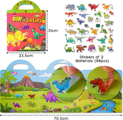 ASTARON Reusable Sticker Book for Toddlers, 88 Pcs Dinosaur Stickers Road Trip Activities Car Airplane Activities Travel Toys for Kids, Kids Quiet Time Activities (2-6 Age)
