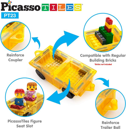 PicassoTiles 2 Piece Car Truck Construction Kit Toy Set Vehicle for Magnetic Blocks Building Tile Sensory Magnet Toys with Re-Enforced Hitch & Long Bed Educational Puzzle Girls Boys Toddlers Ages 3+