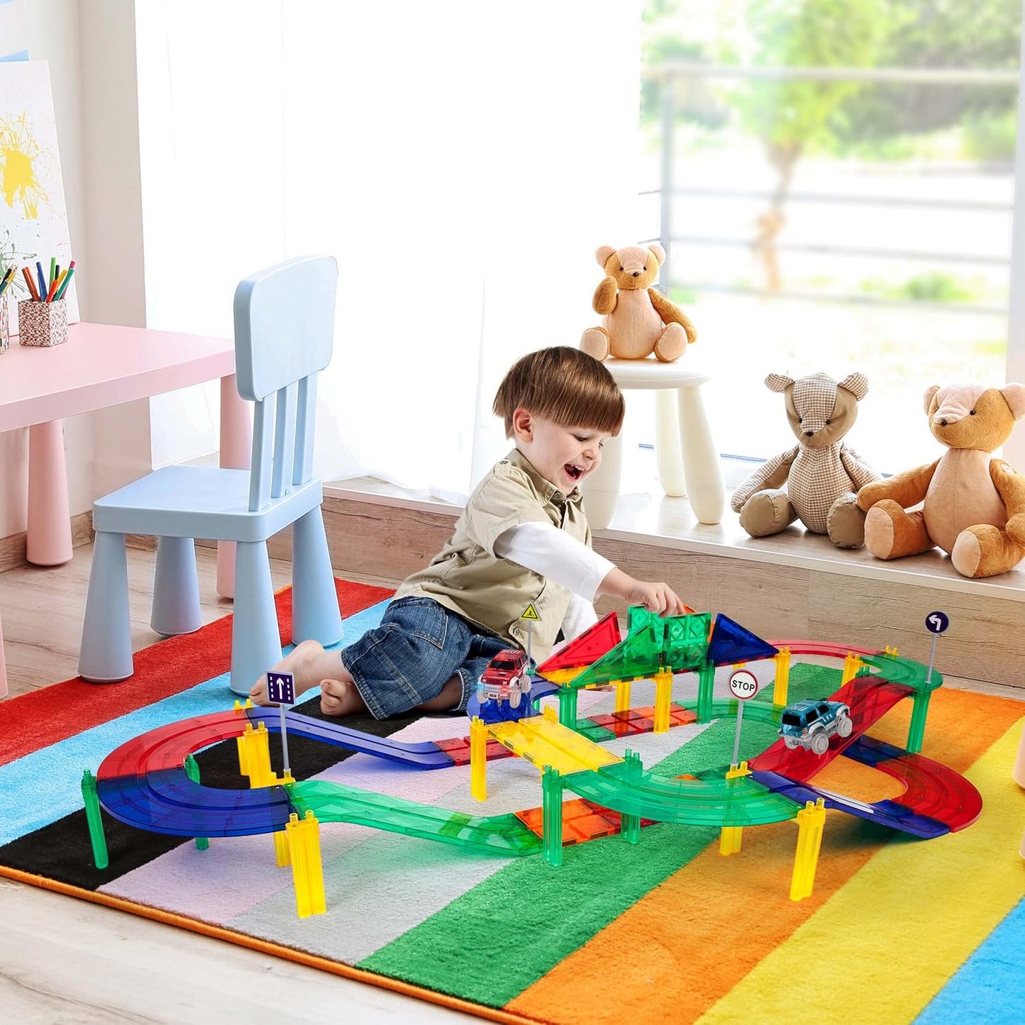 PicassoTiles 50pc Racecar Track Magnetic Tiles Educational Kids Toy with 2 Light Up Trucks STEM Preschool Learning Magnet Tile Toddler Toys Boys Girls Ages 3+ Blocks Game Puzzles Build Playset PTR50