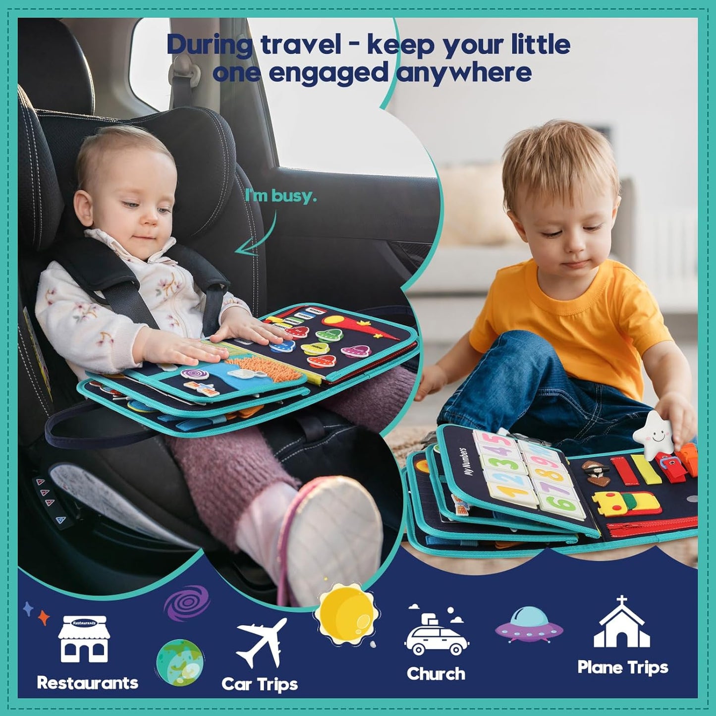 Toddler Sensory Busy Board: Travel Toy Activity Book for Girls Boys, Motor Skill Development Gift for Baby Aged 3-4 Years, Fine Educational Preschool Montessori Learning Toy for Car Airplane Dinosaur