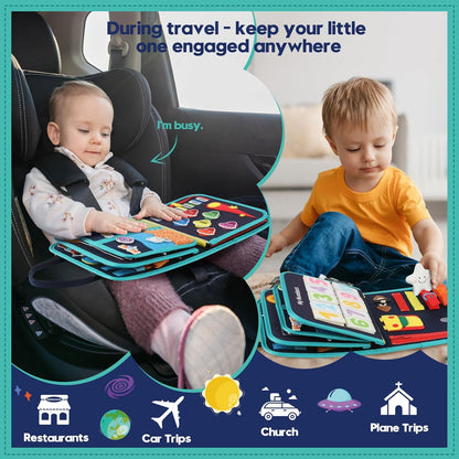 Toddler Sensory Busy Board: Travel Toy Activity Book for Girls Boys, Motor Skill Development Gift for Baby Aged 3-4 Years, Fine Educational Preschool Montessori Learning Toy for Car Airplane Dinosaur