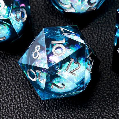 Liquid Core DND Dice Set, 7pcs Sharp Edge Dice for Role Playing Dungeons and Dragons Ttrpg with Gift Box, Handmade Resin D&D Dice RPG Role Playing Games Dice Set(Blue Gold)
