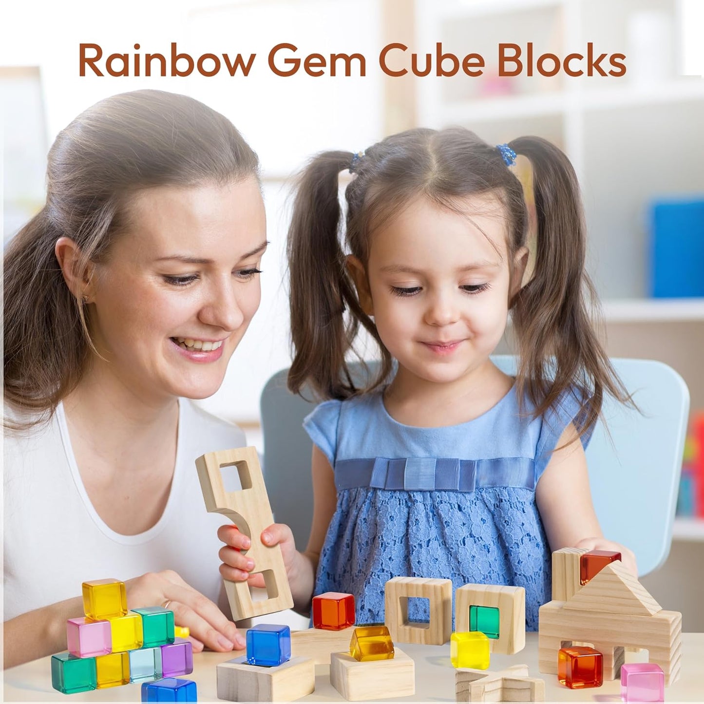 Woodtoe Wooden Building Blocks Set for Kids, 36 PCS Rainbow Acrylic Gem Blocks - 3 Wood House, Montessori Stacking Toy for Toddlers, Educational STEM Birthday Creative Toy Gift for Boys Girls 3-6