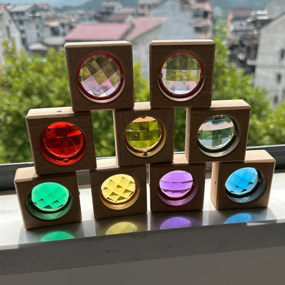 20PCS Wooden Gem Blocks Stacking Toys,Colorful Acrylic Windows Blocks, Rainbow Crystal Acrylic Building Cubes Educational Sensory Training Crystal Toys (20PCS Round Gem Blocks)