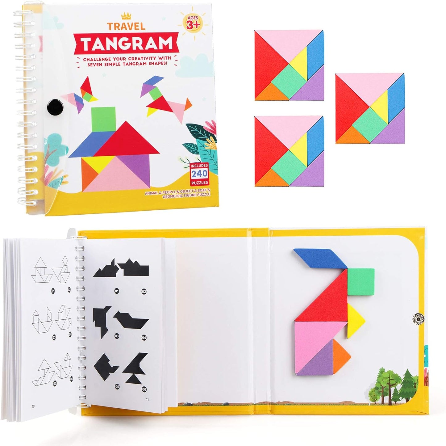 Helsort Travel Tangram Puzzle - Magnetic Puzzle Book for Road Trips, STEM Jigsaw Game with 2 Tangram Sets, Patterns Solutions - Brain Teaser IQ Toy for Kids and Adults, Ideal Educational Gift (368)