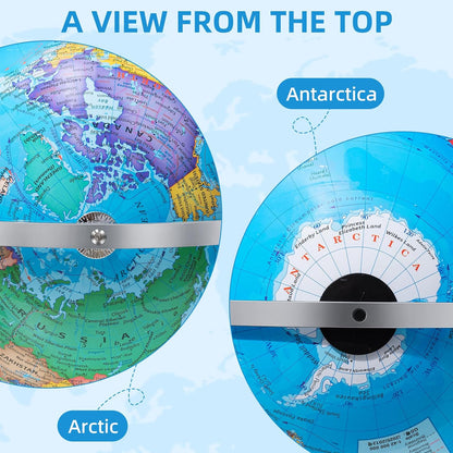 BSHAPPLUS World Globe with Stainless Steel Stand 13 inch, 720 Rotating & HD Waterproof Material, Teaching/Geographic/Decorative Globes with Clear Text for Elementary, Classroom, Home, School, Office