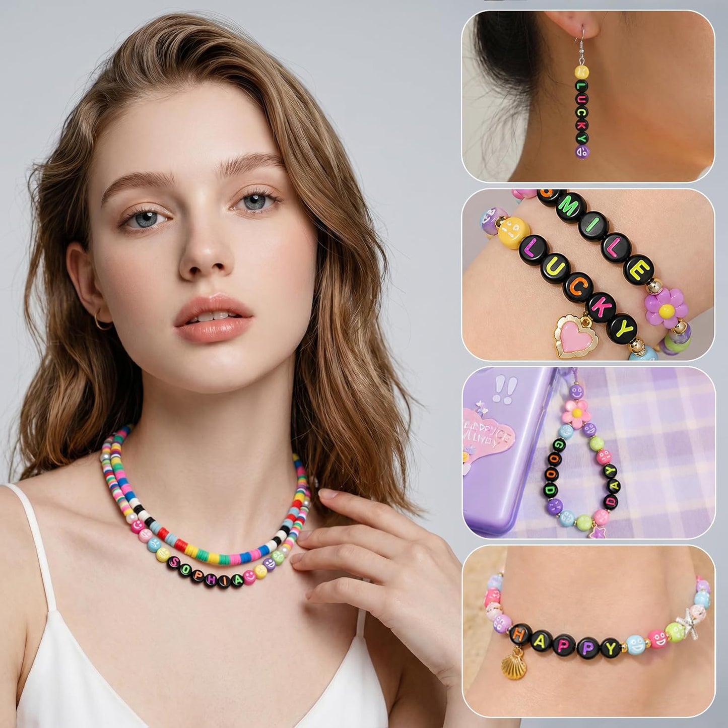 SUTOUG 1000PCS Colourful Letter Beads for Threading, 4 x 7 MM Acrylic Round Alphabet Beads for Jewellery DIY Making Crafts Bracelets Necklaces Ornaments